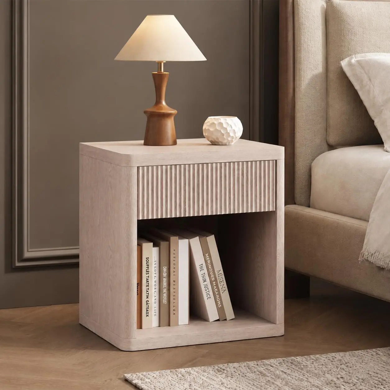 Night Stand Nightstand with Drawer Storage Fluted Bed Side Table End Table Large Modern Wide Bedside Stand Mid Century Night Stands for Bedroom Living Room Sofa Couch Home Office