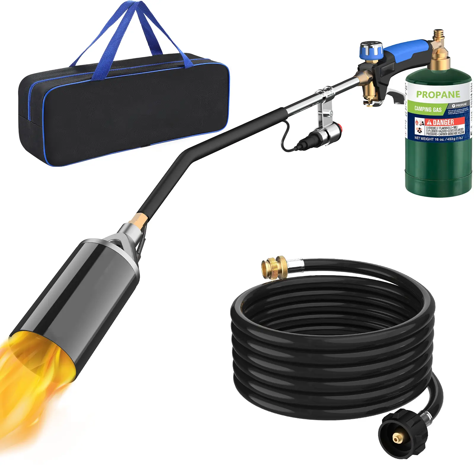 Propane Torch Weed Burner Kit with Storage Bag Weed Torch Blow Torch with 1lb Propane Cylinder Adapter and 10FT Hose,Flamethrower with Turbo Trigger for Weeding,Melting Ice Snow,Roofing(PROPANE TANK NOT INCLUDED)