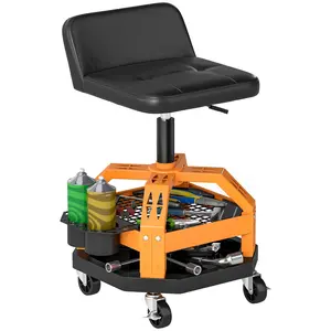 HOMCOM Rolling Mechanic Stool, 300 LBS Capacity Pneumatic Creeper Garage Stool with 360° Wheels, Backrest, Heavy Duty Roller Seat Padded Shop Chair with Tool Tray Storage, Adjustable Height (Yellow)