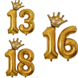 Golden digital balloons 13/16/18 with golden crown balloons and glue, 4 pieces in total, suitable for gold themed happy birthday party decoration, 13/16/18 birthday party supplies, suitable for boys and girls