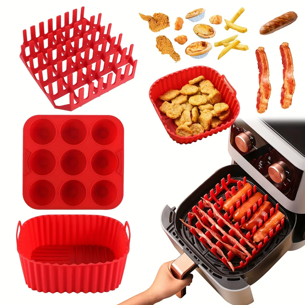 1 Set Silicone Square Air Fryer Set: Bacon & Hot Dog Rack, 9-Cavity Cake Mold, Air Fryer Pan - BPA-Free, Dishwasher Safe, Compatible with 7QT+ Air Fryers