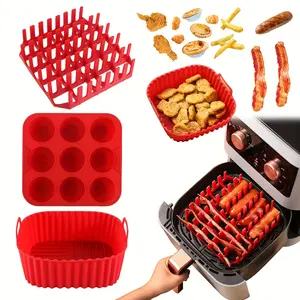 1 Set Silicone Square Air Fryer Set: Bacon & Hot Dog Rack, 9-Cavity Cake Mold, Air Fryer Pan - BPA-Free, Dishwasher Safe, Compatible with 7QT+ Air Fryers
