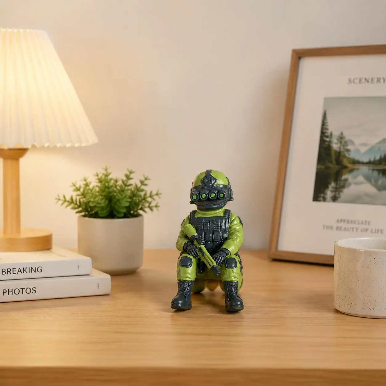 Green Camo Tactical Soldier Mini Resin Statue - Special Forces Figurine with Gun, Desktop Display Ornament for Man Cave, Ideal Gift for Military Collectors