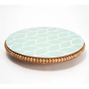 Temp-tations Carved Willow Beaded Acacia Lazy Susan w/ Decal Print