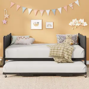 Twin Metal Daybed with Trundle – Industrial Wood Grain Headboard, Metal Slat Support & Lockable Casters, Space-Saving Sofa Bed for Living Room or Guest Room, No Box Spring Needed