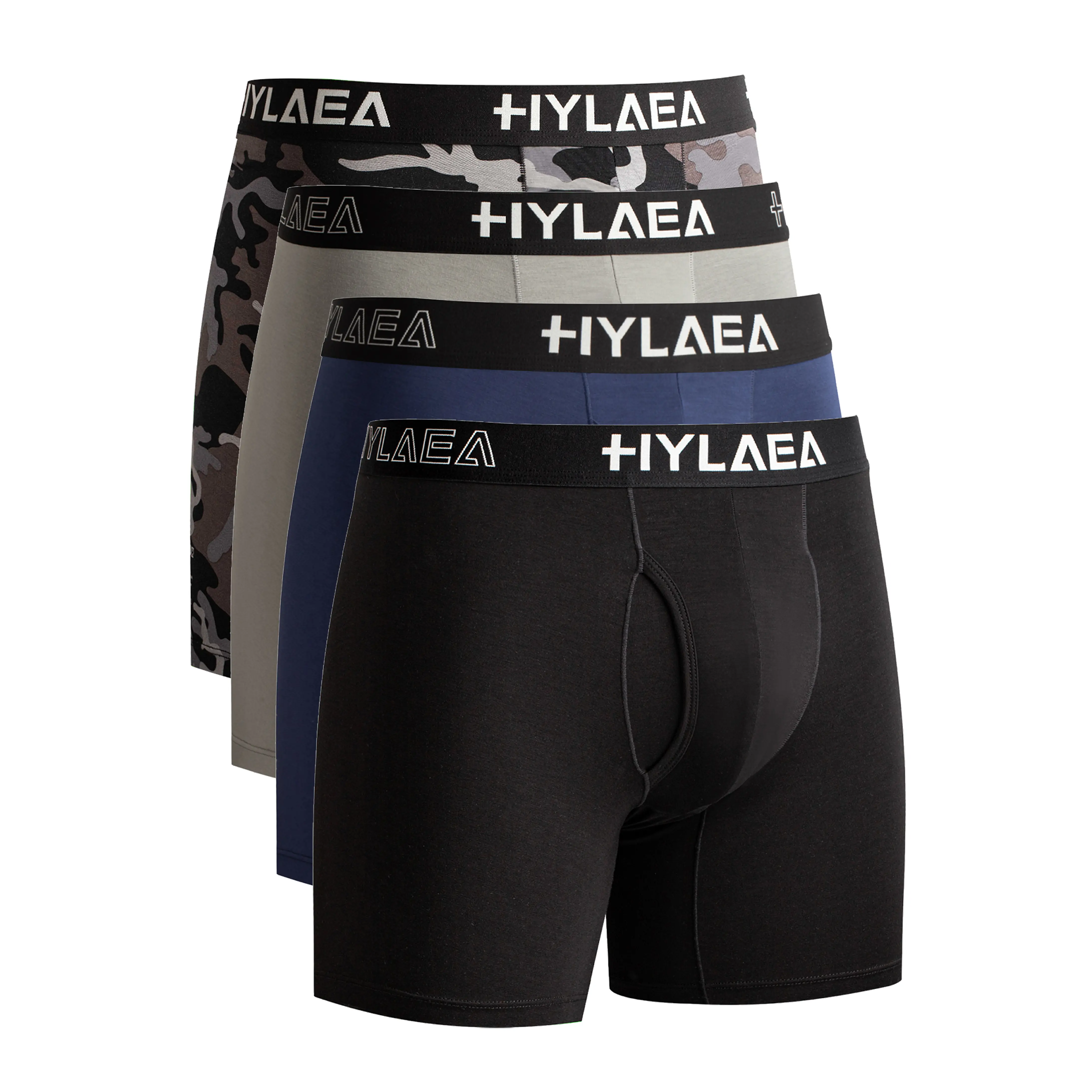Hylaea Men's Camo Bamboo Viscose Boxer Briefs 4-Pack - Ultra Soft, Stretchy, Anti-Chafing, Moisture-Wicking Activewear Sportswear for Athletic, Daily Casual Fashion Apparel (Boyshorts Style)
