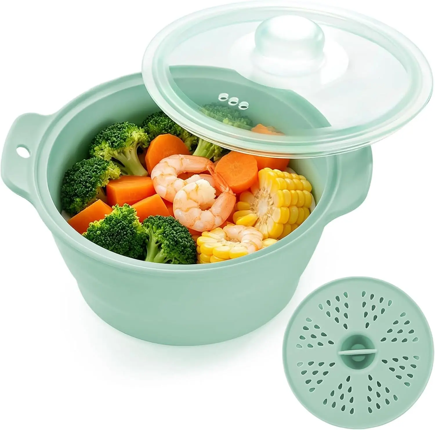 Collapsible Silicone Microwave Vegetable Steamer, 42oz Microwave Steamer with Lid & Removable Steam Rack, BPA-Free Small Steam Pot for Vegetables, Dumplings, Seafood – Dishwasher & Freezer Safe