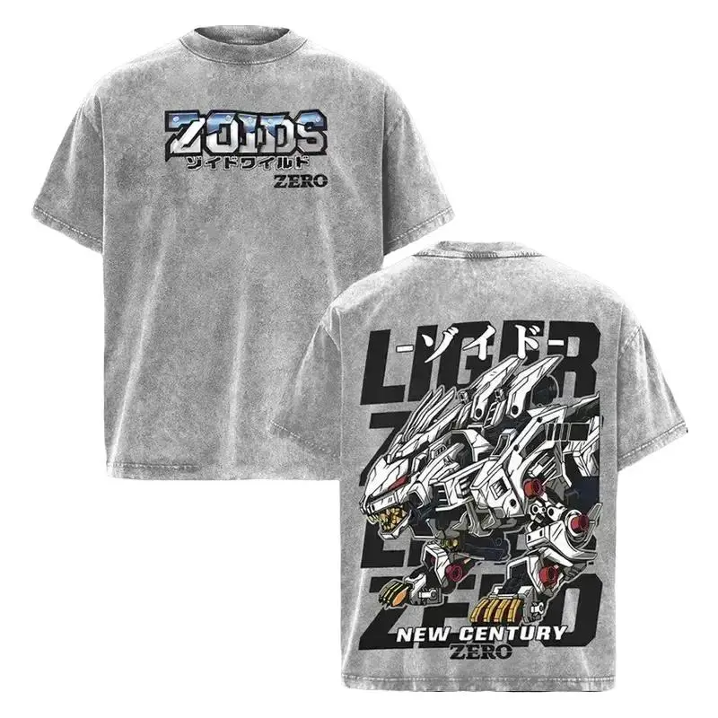 Men's Zoids Liger 0 Mecha Oversized Washed Ribbed Short-Sleeve T-Shirt - Vintage Anime Robot Graphic, Heavyweight Soft Cotton Classic Streetwear Apparel, Unisex Casual Breathable Crew Neck Techwear Clothes Gift