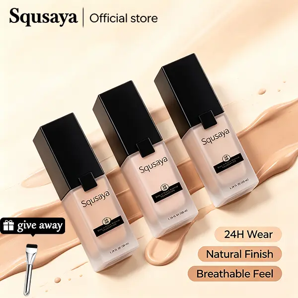 Squsaya 24HR Longwear Matte Liquid Foundation (38ml Bottle) - Vitamin C Antioxidant Infused, Lightweight, Soft Focus Finish, Free Brush Included, All Skin Types, Ideal for Makeup Routine & Daily Care Flawless Coverage Cosmetic