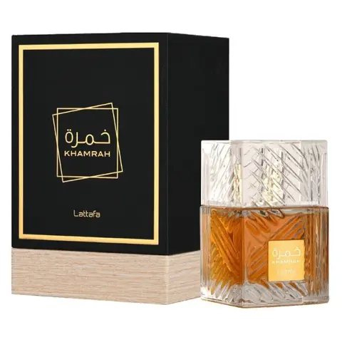 Lattafa Perfumes Khamrah High-End Unisex Eau de Parfum Spray (3.4 Fl Oz Bottle) - Adult Luxury Gift in Box, Amber Vanilla, Exotic Arabian Scent, Aromatic Woody Fragrance, No Harmful Additives