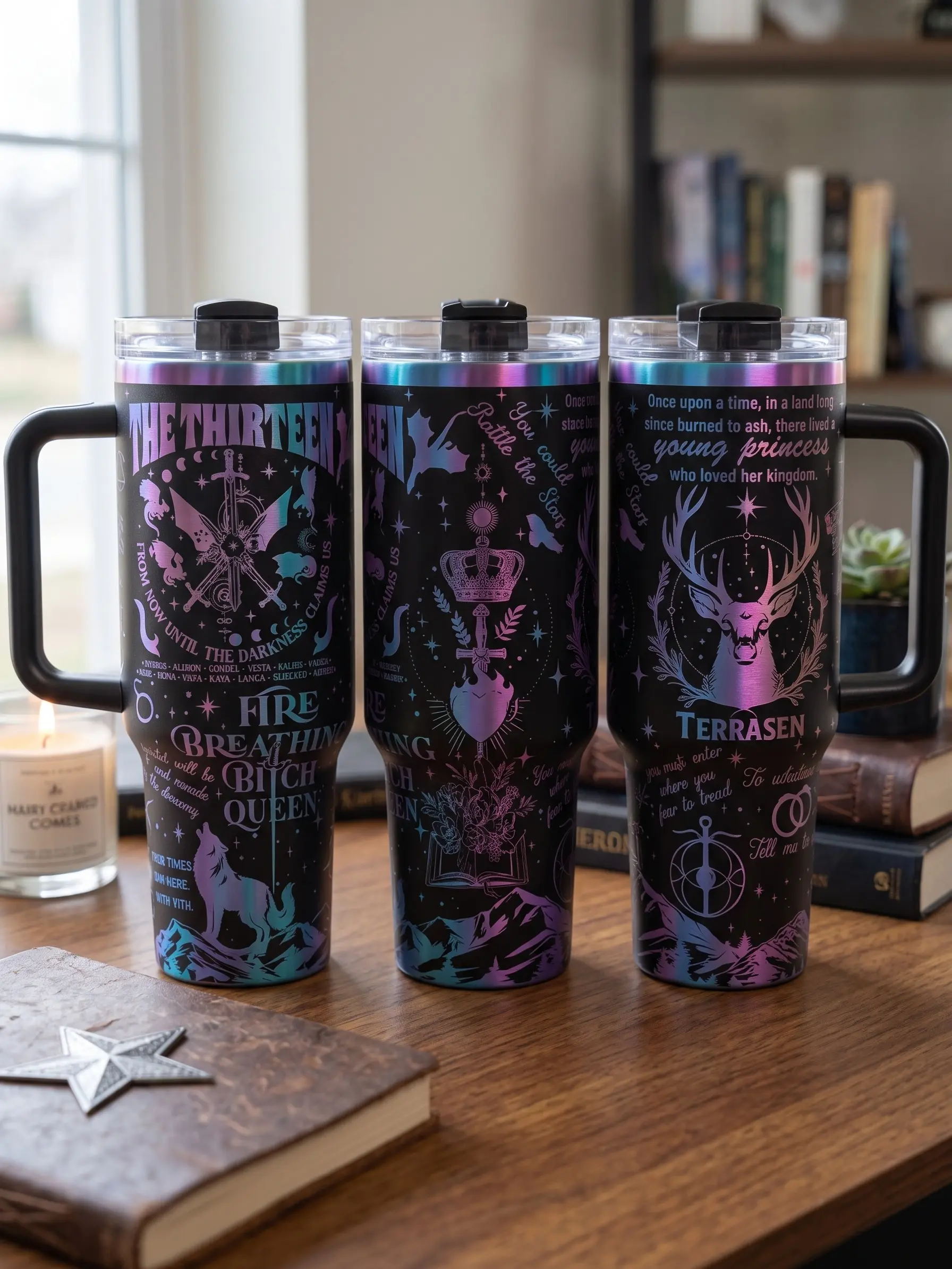 Throne Of Glass The Thirtreen 40oz Tumbler, Fire Breathing Bitch Queen Laser Engraved Cup, Terrasen Booktok Gift, Holographic Bookish Travel Mug
