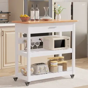 VECELO Kitchen Island with Power Outlet 3 Shelves Large Countertop Worktop Modern Kitchen Rolling Storage Cart Cabinet With Drawers Locking Wheels Casters