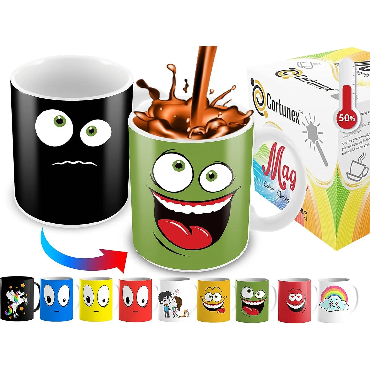 Heat Changing Mug - Green Happy Funny Face - Funny Coffee Mug - Add Hot Liquid and Reveal The Happy Smiley Face - Color Changing Coffee Mug - Great Gift Idea for Women, Men and