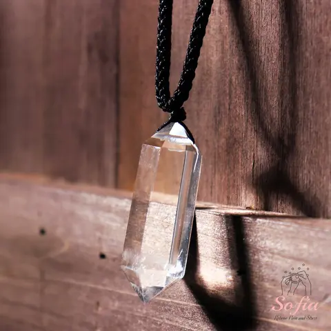 Sofia Natural Clear Quartz Wand Pendant Clear Crystal Double Point Charm Necklace Amulet Adjustable Rope 28 Inch for Women Men Daily Use Valentine's Day Gift