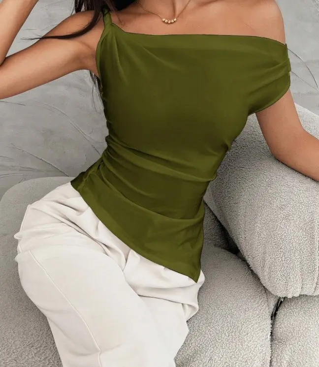 Women's Commuting Style Asymmetric Shoulder Ruffle Asymmetrical Hem Summer T-Shirt