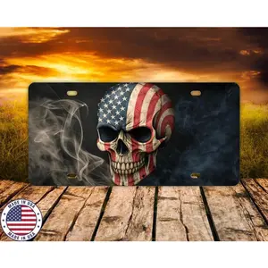American Flag Skull License Plate| Patriotic Vanity Tag| USA Car Plate for Men| Biker, Veteran, or Truck Accessory| Made in USA