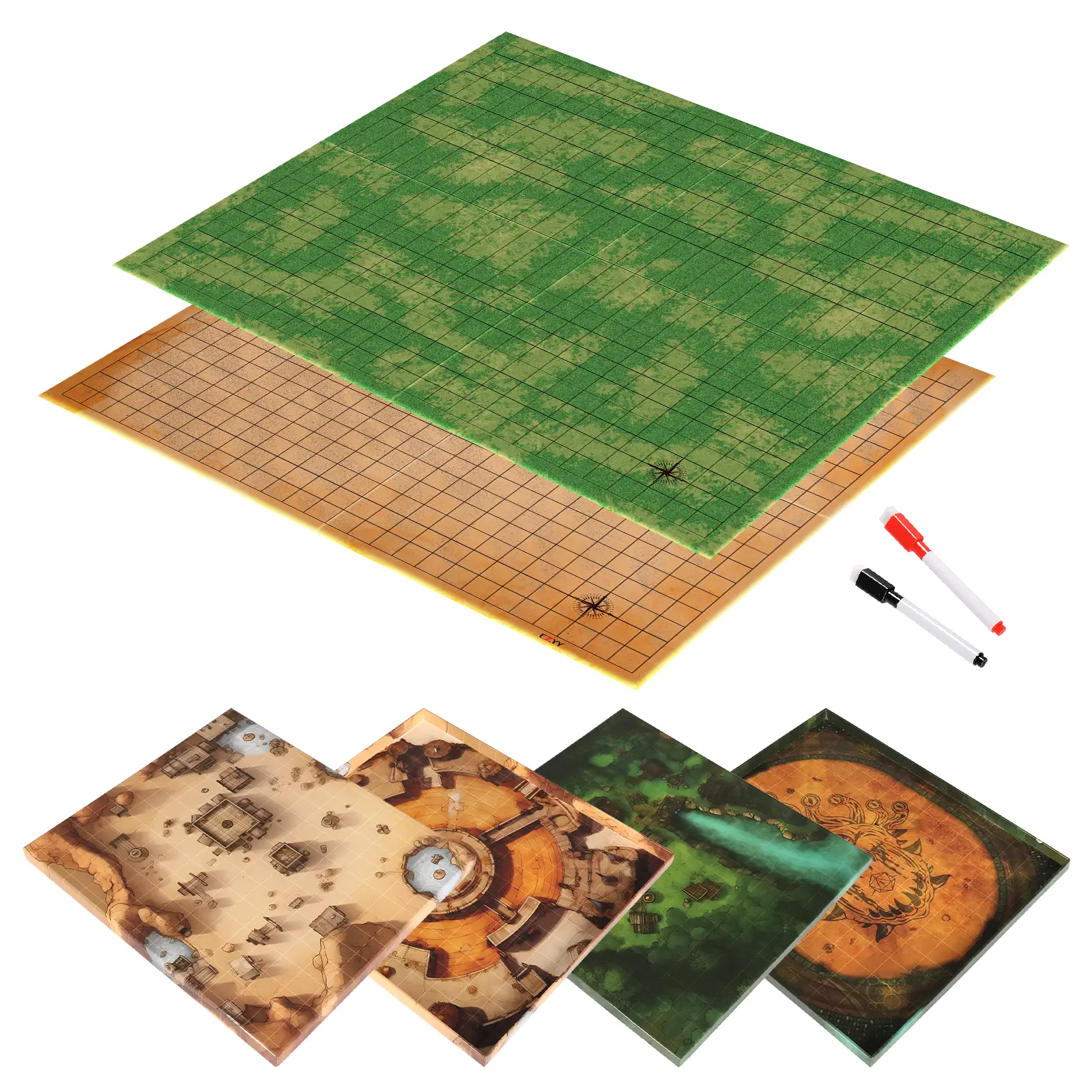 CZYY DND Foldable Mat Dry Erase TTRPG Map Grassland & Desert Two-Sided Cardboard Terrain 27x23 Inches with Square Grid - Portable, Reusable Game Board