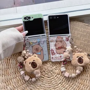 Capybara Foldable Phone Case with Plush Doll Strap for Samsung Galaxy Z Flip3/4/5/6/7, Cute & Healing Style Protective Cover