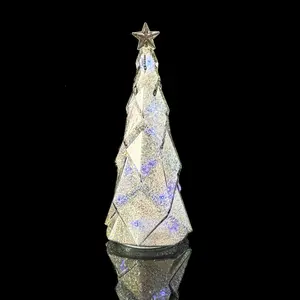 Tabletop Christmas Tree Table Light with Timer – Mercury Glass LED Lighted Holiday Decoration for Table, Mantel, Fireplace, Entryway, Battery Powered