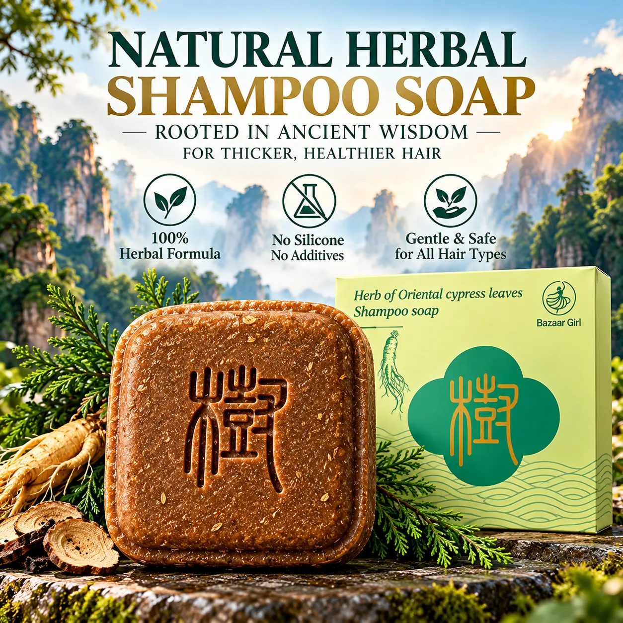 [Buy 1 Get 1 Free] Herbal Anti-Hair Loss Shampoo Bar with Fo-Ti, Ginseng, Soap Pod & Cypress Oil – DHT Blocker, Prevents Hair Loss, Repairs Hair Follicles, Promotes Fast Hair Regrowth, Strengthens Hair Roots, Scalp Cleansing & Conditioning for Men & Women