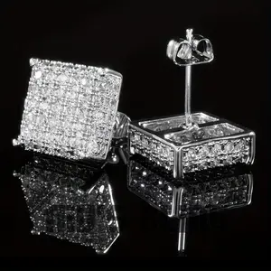 Simple Hip Hop Cubic Zirconia Geometric Stud Earrings for Men Shiny Earrings 10mm Square Cartilage Bar Unique Dimetric Design Sparkling Gift for Holiday Party