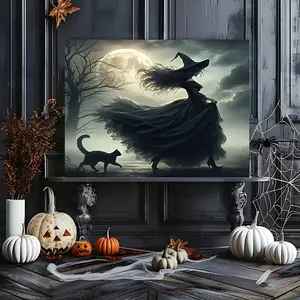 Gothic Halloween Canvas Art Witch & Black Cat Walking Vintage Dark Aesthetic Wall Decor Frameless Spooky Poster Moonlit Night Scene Perfect for Halloween Themed Room Decor Kitchen Paintings Ornaments Artistic