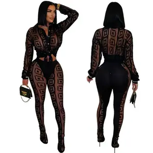 two-piece set woman Sexy Mesh See Through Women 2 Piece Outfit Sets 2025 New Female Streetwear Clothing Long Sleeve Crop Top and Skiny Pants Suits