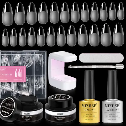MIZHSE Natural Resin Nail Art Kit - 18ml Top & Base Coat Gel Polish, 2*18ml Solid Glue Gel, 240pcs 12-Size Soft Almond Half-Matte Tips, Chargeable Mini UV LED Lamp, 1*Nail File for Home DIY Manicure