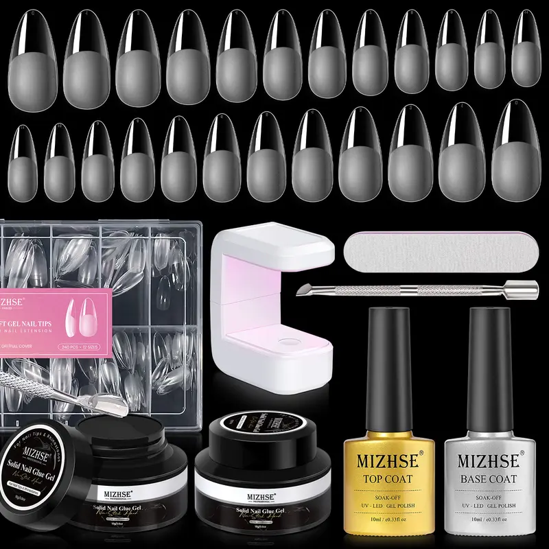 MIZHSE Natural Resin Nail Art Kit - 18ml Top & Base Coat Gel Polish, 2*18ml Solid Glue Gel, 240pcs 12-Size Soft Almond Half-Matte Tips, Chargeable Mini UV LED Lamp, 1*Nail File for Home DIY Manicure