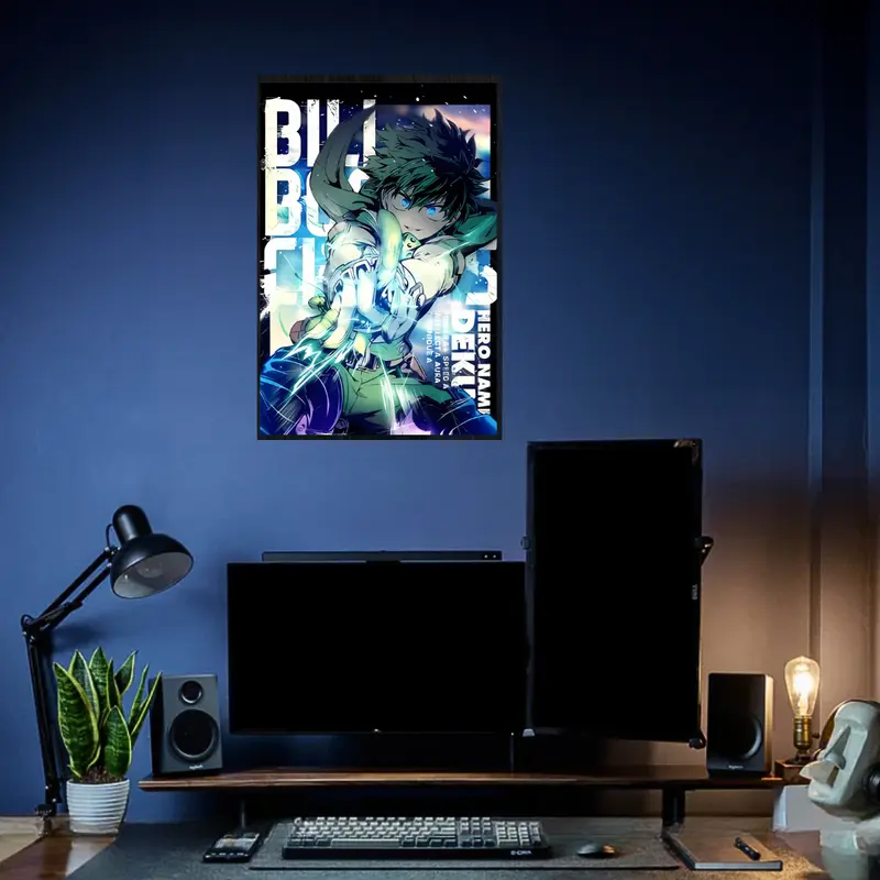 Deku My Hero Academia Poster, glowing green One For All punch with magazine cover layout and action blur, printed on high quality cardboard with sharp pattern, anime wall art for gaming room and dorm setups