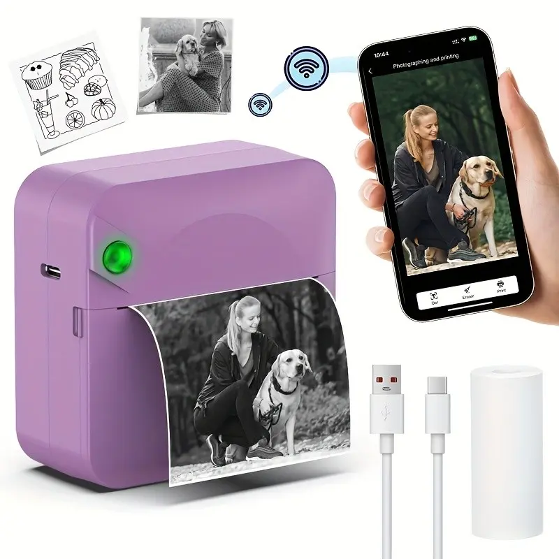 Mini Printer, Sticker Printer, Mini Thermal Printer with 1 Roll of Thermal Paper, Wireless Pocket Printer, Smart Portable Receipt Printer for Photos, Diaries, Notes, and Memos