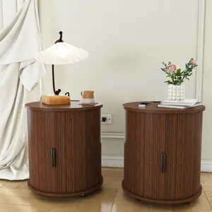 Mid Century Modern End Table with Charging Station & Sliding Door – 2-Tier Round Nightstand with USB Ports, Walnut Finish Cylinder Table for Bedroom, Living Room, Entryway – TK Smart Home Pick
