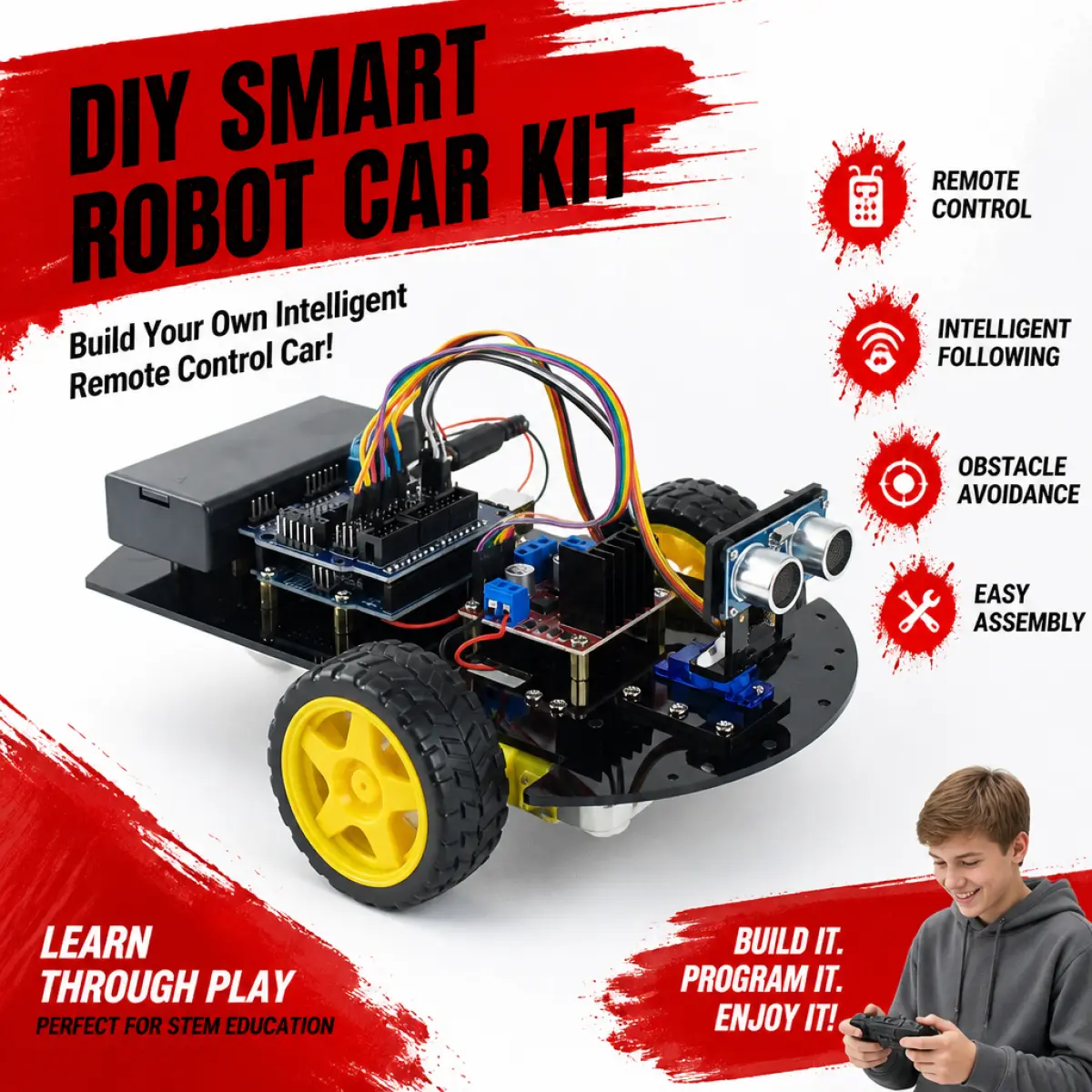 Smart Robot Car Kit with Ultrasonic Obstacle Avoidance & IR Remote – Arduino IDE Compatible R3 Board, Perfect STEM Project for Kids & Adults to Learn Coding/Electronics
