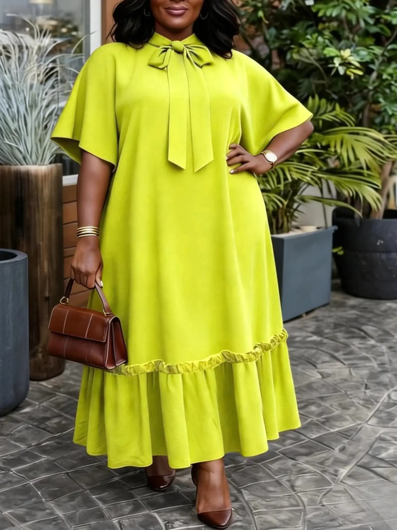 Plus Size Elegant Feminine Women Straight Dress Bow Collar Short Sleeves Loose Fit Long Ruffled Ruffles Hem Africa Simple Solid Party Church Casual Holiday Daily Wear