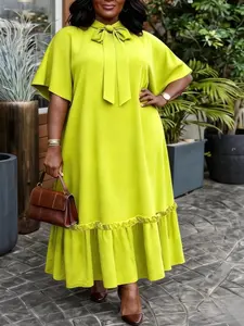 Plus Size Elegant Women Straight Dress Bow Collar Short Sleeves Loose Long Ruffles Hem Africa Simple Solid Party Church Causal Holiday Daily Wear