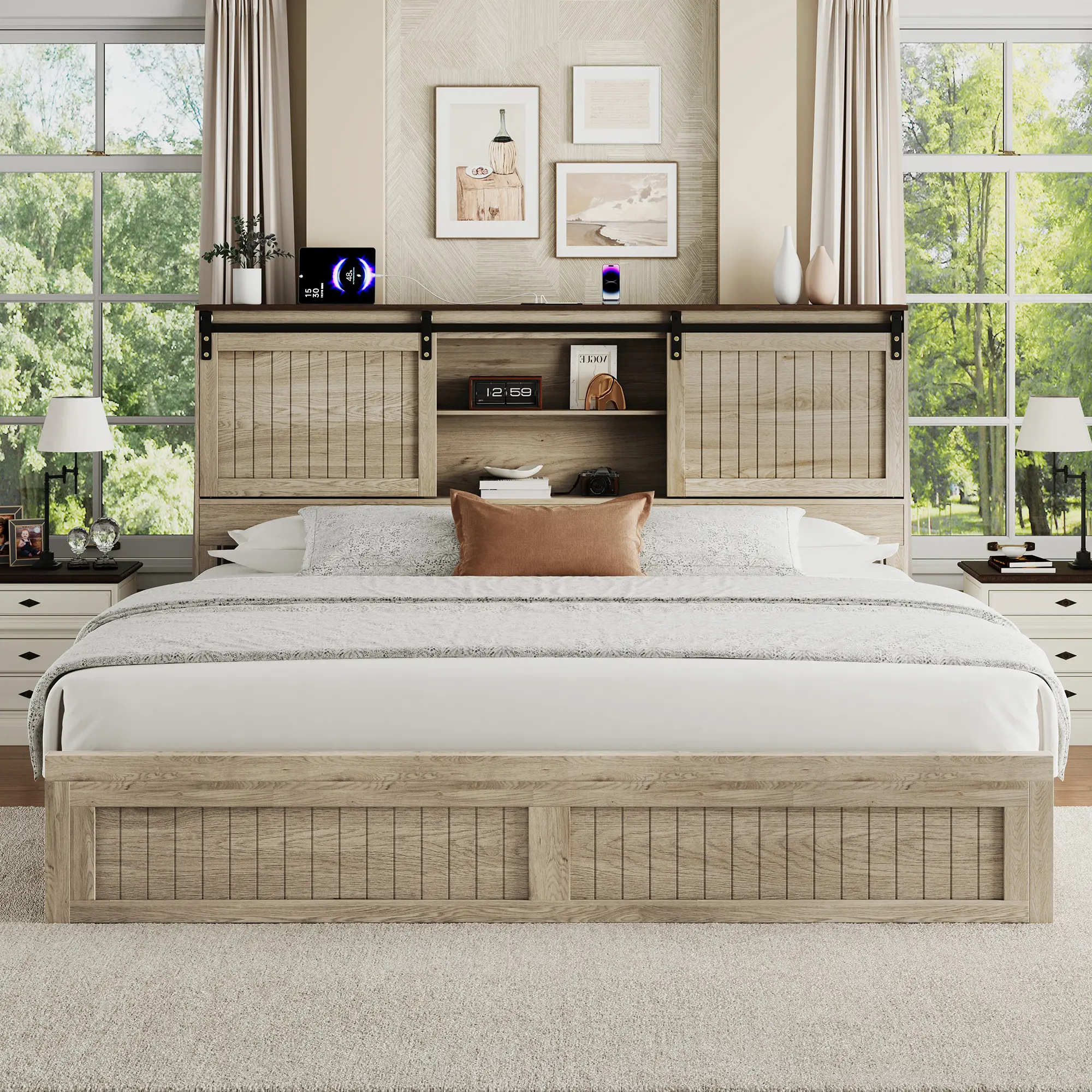 [SummerWins]Belffin King Bed Frame with Headboard, 2 Storage Drawers& Charging Ports, No Box Spring Needed, Noise-Free, White Wooden Bed – Perfect for Summer Bedroom Refresh