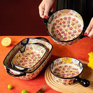 Floral Pattern Ceramic Baking Bowl with Handle, 2 Counts Creative Oven Safe Bowl, Kitchen Baking Supplies for Home Use
