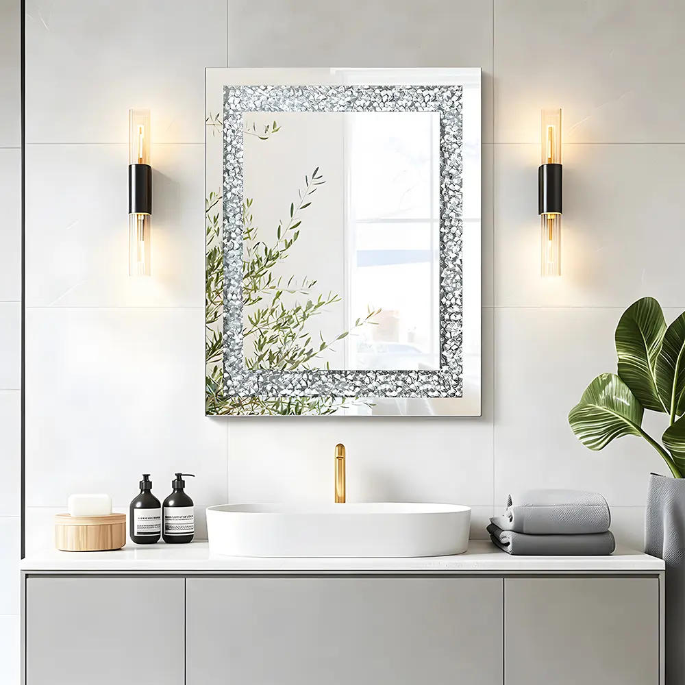Bling Elegant Frameless Wood-Glass Rectangle Wall Mirror - 23.6x27.6in Large Hanging Decorative Mirror with Acrylic Diamond Trim for Home, Room Decor, Decorative Detail & Wall-Attachable Use