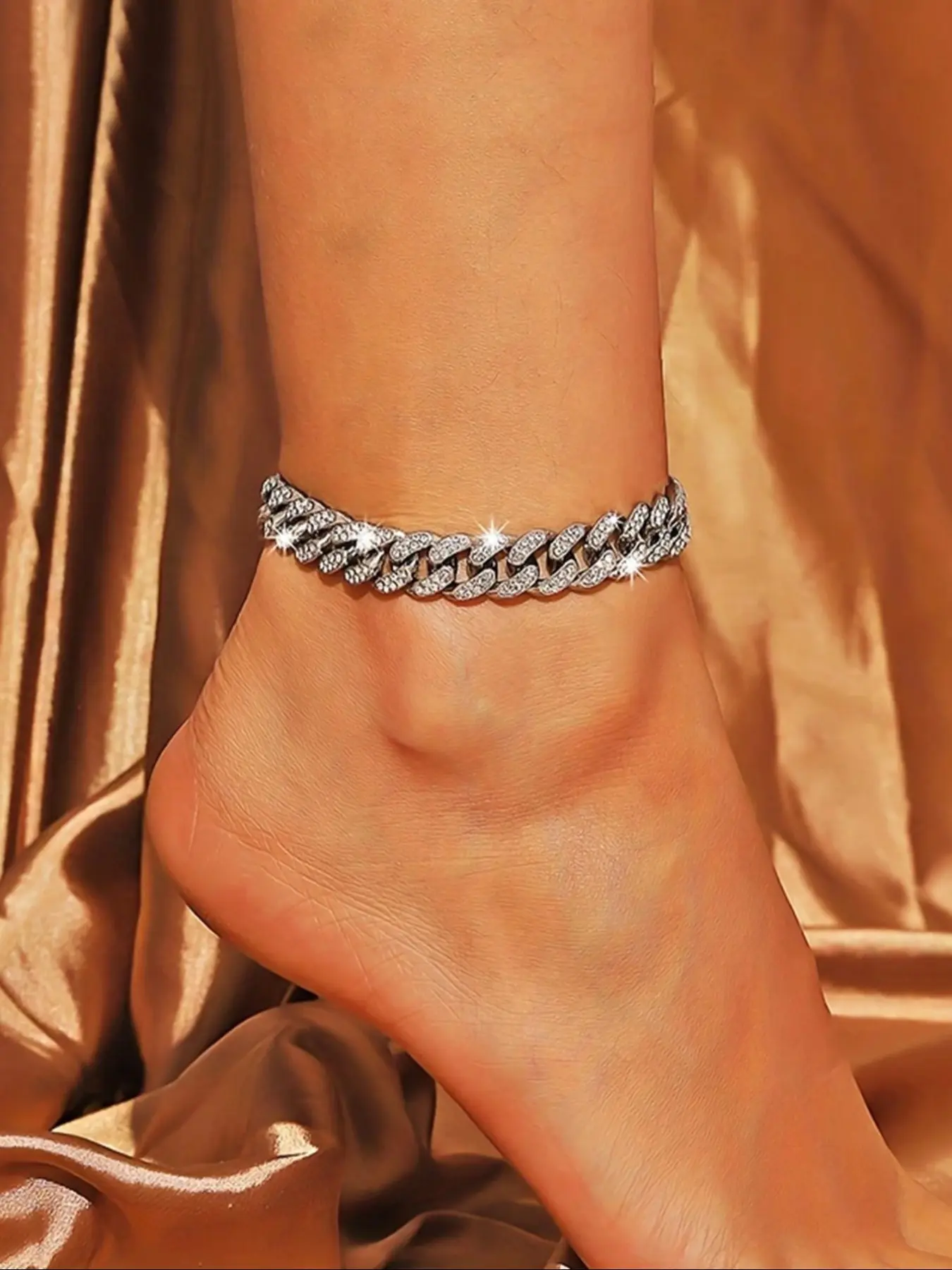 Women's Punk Style Rhinestone Cuban Chain Anklet, Alloy Material, Trendy Jewelry, All Season Foot Jewelry Accessory, Unique Design for Women, Vibrant Sparkle, CZ Bling, Punk Aesthetic, Summer Jewelry