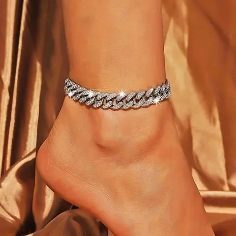 Women's Punk Style Rhinestone Cuban Chain Anklet, Alloy Material, Trendy Jewelry, All Season Foot Jewelry Accessory, Unique Design for Women, Vibrant Sparkle, Punk Aesthetic, Summer Jewelry, Jewellery