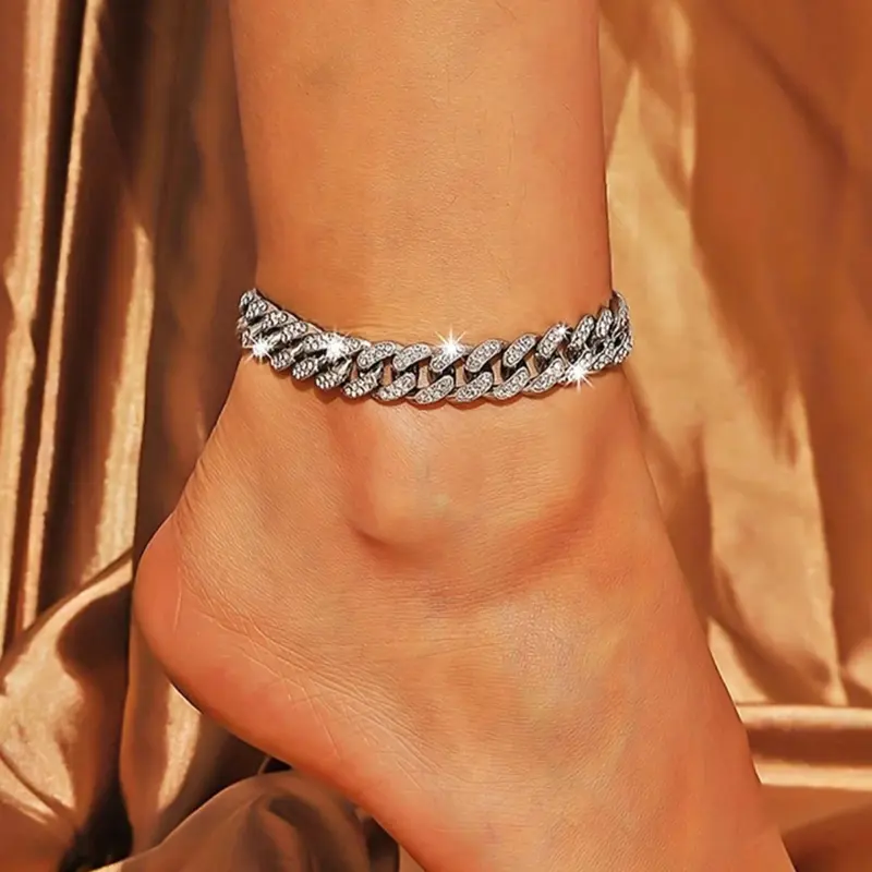 Women's Punk Style Rhinestone Cuban Chain Anklet, Alloy Material, Trendy Jewelry, All Season Foot Jewelry Accessory, Unique Design for Women, Vibrant Sparkle, Punk Aesthetic, Summer Jewelry, Jewellery