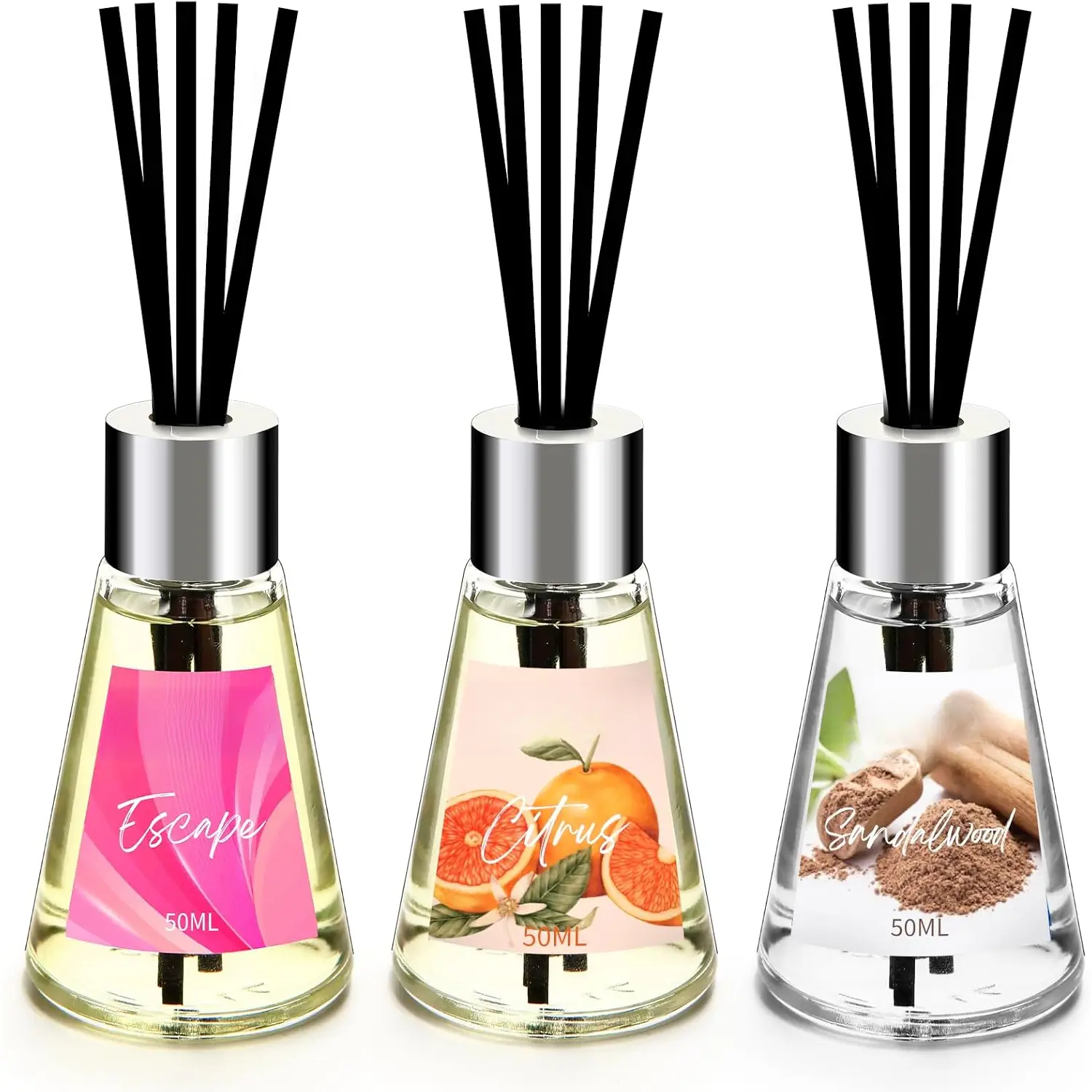 Reed Diffuser of 3 Pack, Escape/Citrus/Sandalwood, Scented Diffuser with 15 Fiber Sticks, Home  Oil Diffuser, Air Freshener for Bathroom & Bedroom, Each 1.7Fl Oz, Total 5.1Oz