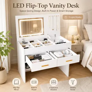 Flip Top Makeup Vanity Desk with LED Lighted Mirror and Power Outlet USB Port Space Saving Dressing Table Hidden Jewelry Storage Drawers Compact Bedroom Furniture Aesthetic Room Decor GRWM Station for Teen Girls Women