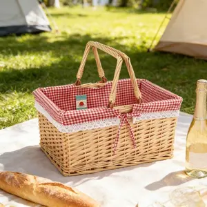 Wicker Handwoven Basket, Outdoor Camping Picnic Basket, Handmade Storage Basket for Shopping, Removable & Washable Lining, Sturdy & Durable, For Home Storage & Picnic