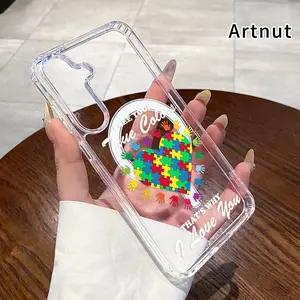 Magnetic Phone Case for Samsung Galaxy S26 Edge S23 Ultra S24 Plus FE S25 S22+ Puzzle Heart Unity Pattern Non-Yellowing Shockproof Soft Silicone Transparent Acrylic Large Hole Cover Supports Wireless Charging