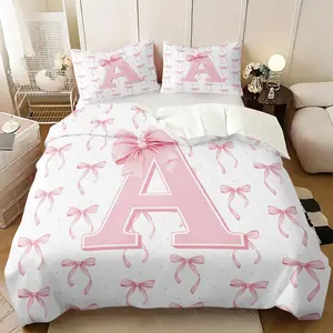 2/3Pcs Coquette Pink Bow Initial A Duvet Cover Set, Bowknot Print Comforter Cover, Girly Aesthetic Bedding Set with Pillowcases No Filler, Soft Microfiber Bedding for Teen Girls Bedroom Dorm, Great Gift for Letter Bow Lovers