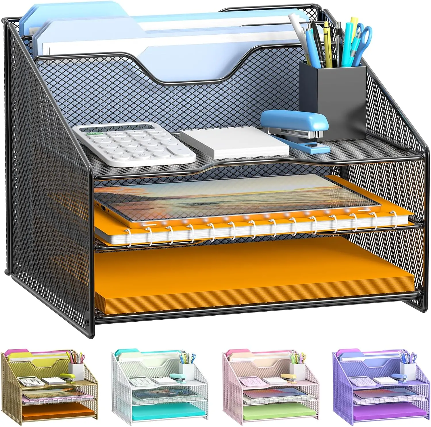 Black Mesh Desk File Organizer - 3 Tier Sliding Trays, 2 Upright Sections, 2 Shelves Design, 12-1/4"w x 11-1/2"d x 9-1/2"h - Desk Accessories for Office Filing, Workspace Organization