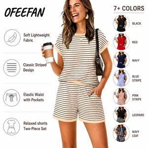 OFEEFAN Two Piece Sets for Women Summer Lounge Short Sets Cap Sleeve Crew Neck Sweatsuit with Pocket XS-2XL Womenswear