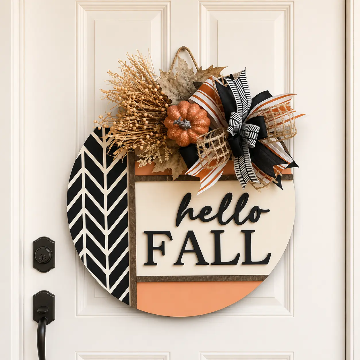 3D Hello Fall Pumpkin & Harvest Bow Design Door Hanger, Wooden Hanging Sign, Rustic Farmhouse Front Door & Porch Decor, Welcome Gift for Any Occasion