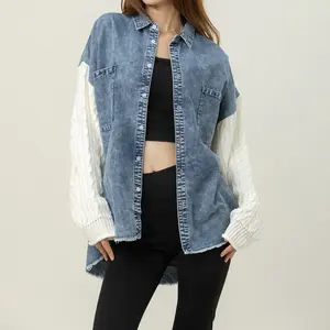 MIDIR0SS Denim Shacket with Knit Sweater Sleeves – Casual Oversized Button-Up MIDIR0SS Denim Shacket with Knit Sweater Sleeves – Casual Oversized Button-Up
